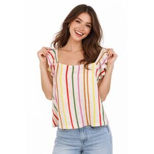 A Collection Colorful Striped Linen Blend Off Shoulder Crop Top Lined LARGE NWOT